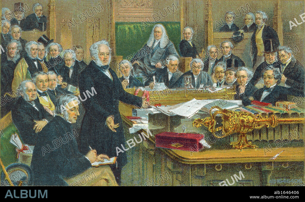 Henry John Temple, 3rd Viscount Palmerston (1784-1865) addressing Parliament. Foreign Secretary 1830-1841: Prime Minister 1855-1857, 1858, 1858-1865. Chromolithograph c1897.