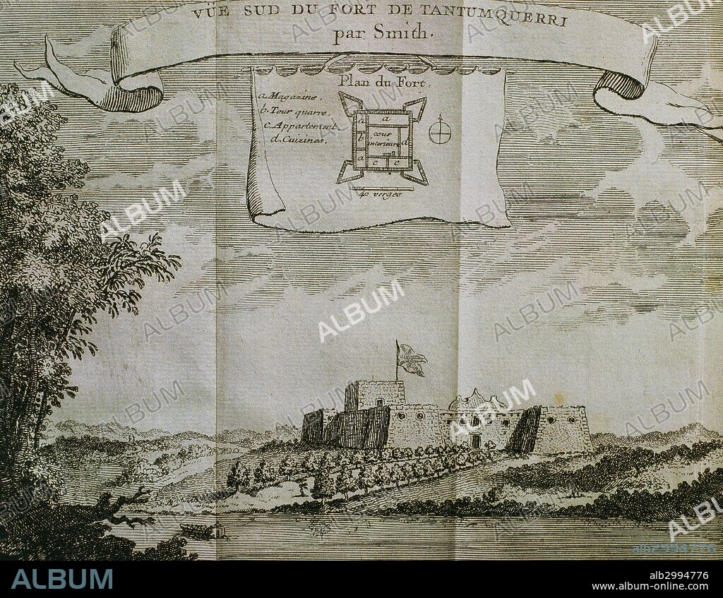 HISTORIA DE AFRICA. COLONIALISMO. SIGLOS XVII-XVIII. SIERRA LEONA-GUINEA. COSTA DE ORO. Fuerte de Tantumquerri y plano del mismo. Perteneciente a "La Compañía Holandesa de las Indas Occidentales", construído para proteger el comercio de esclavos de Africa, Brasil, el Caribe y Norteamérica, para la cual recibió la jurisdicción correspondiente. Dibujo de William Smith del año 1727. Grabado.