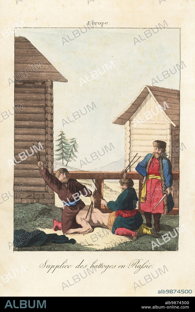 Punishment of the battacks in Russia, 18th century. Two men pin a criminal to the ground and beat his naked back with wooden rods. Used in the army and in domestic servitude. Supplice des battoges en Russie. Handcoloured copperplate engraving from A. Antoine de Saint-Gervaiss Album des Peuples, ou Collection de Tableaux, Album of Peoples, or Collection of Paintings, J. Langlume et Peltier, Paris, 1835. Reprinted from Moeurs et coutumes des Peuples, Hocquart, 1811.