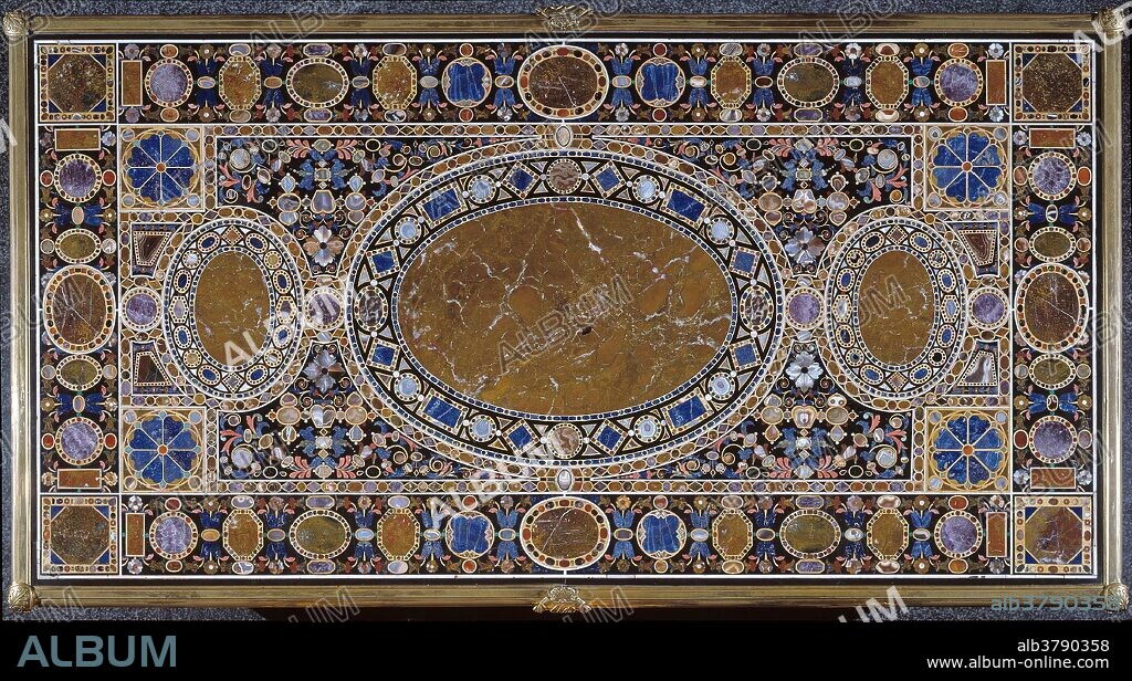Taller romano / 'Tablero de Felipe II'. Antes de 1587. Ágata, Jaspe, Lapislázuli, Mármol africano, Mármol blanco, 7 x 260 cm.