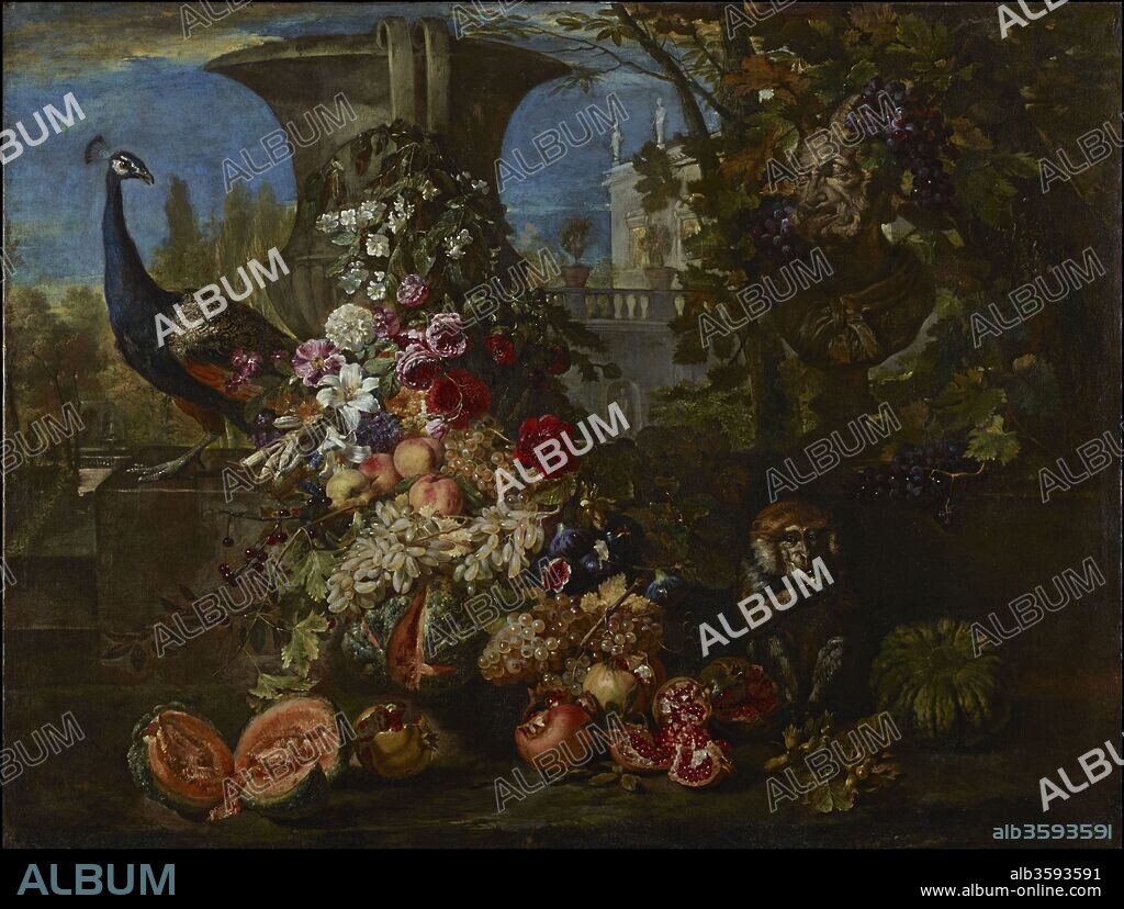 DAVID DE CONINCK (KONINCK). Still life with fruits and flowers in the garden of an Italian villa.