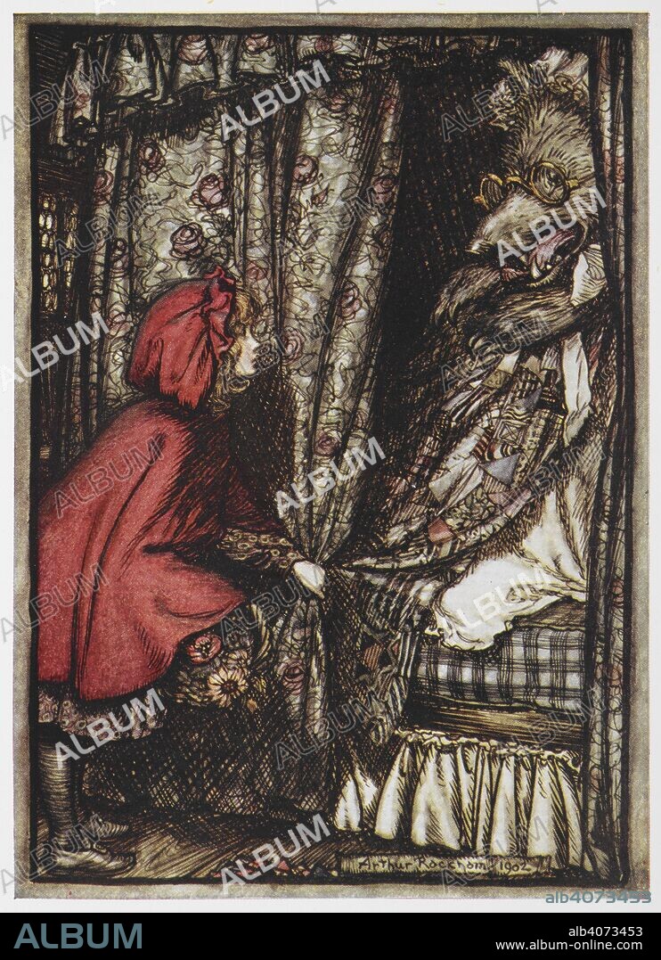 ARTHUR RACKHAM and GEBRUEDER GRIMM. Little Red Riding and the Wolf dressed as her grandmother. Grimm's Fairy Tales. Illustrated by Arthur Rackham. London : William Heinemann, [1925]. '"O Grandmother, what big ears you have got" she said.'. Source: 12410.r.7. facing page 120.