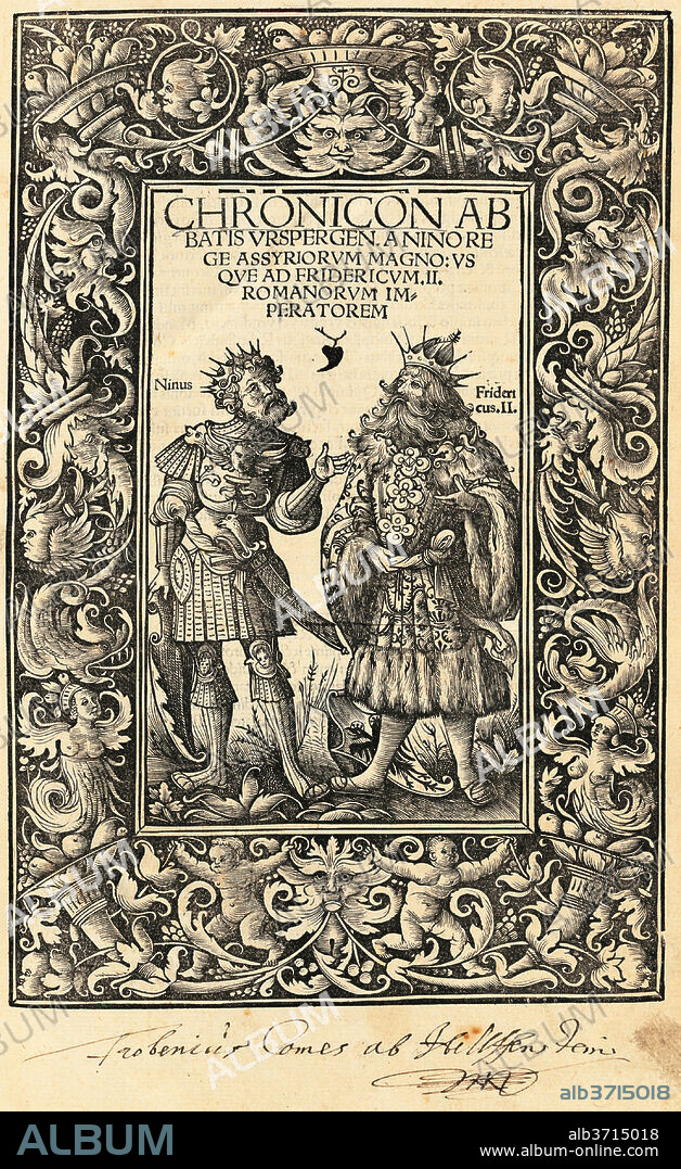 PROVOST OF URSPERG DANIEL HOPFER AND BURCHARDUS BIBERACENSIS (AUTHOR). Chronicon Abbatis Urspergen. Dated: 1515. Dimensions: book: 32.3 x 22.2 x 3.6 cm (12 11/16 x 8 3/4 x 1 7/16 in.). Medium: bound volume with 1 white-line woodcut illustration on title page, white-line woodcut initials throughout, and a printer's device.