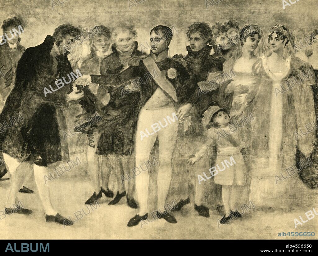 Napoleon decorating David at the Salon du Louvre, Paris, 1808, (1921). 'Napoleon décorant David au Salon de 1808'. Emperor Napoleon I (1769-1821) bestows the croix d'officier de la Légion d'honneur on French painter Jacques-Louis David, greatest painter of the Revolution and of the Empire. Behind Napoleon is Dominique Vivant Denon, director of the Musée Napoléon (the Louvre), and Crétet, minister of the interior. Also shown are the Empress Josephine and her daughter Hortense de Beauharnais. After an unifinished painting by Gros. From "Napoleon", by Raymond Guyot, [H. Floury, Paris, 1921].