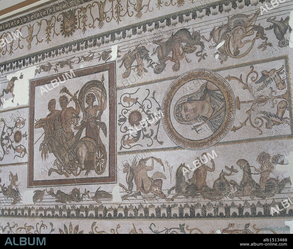 Roman civilization, 2nd century A.D. Dionysus and the allegory of the Four Seasons, marine and grotesque figures, 120-130 A.D. Vault mosaic from the Trajan Baths, Acholla, Tunisia.
