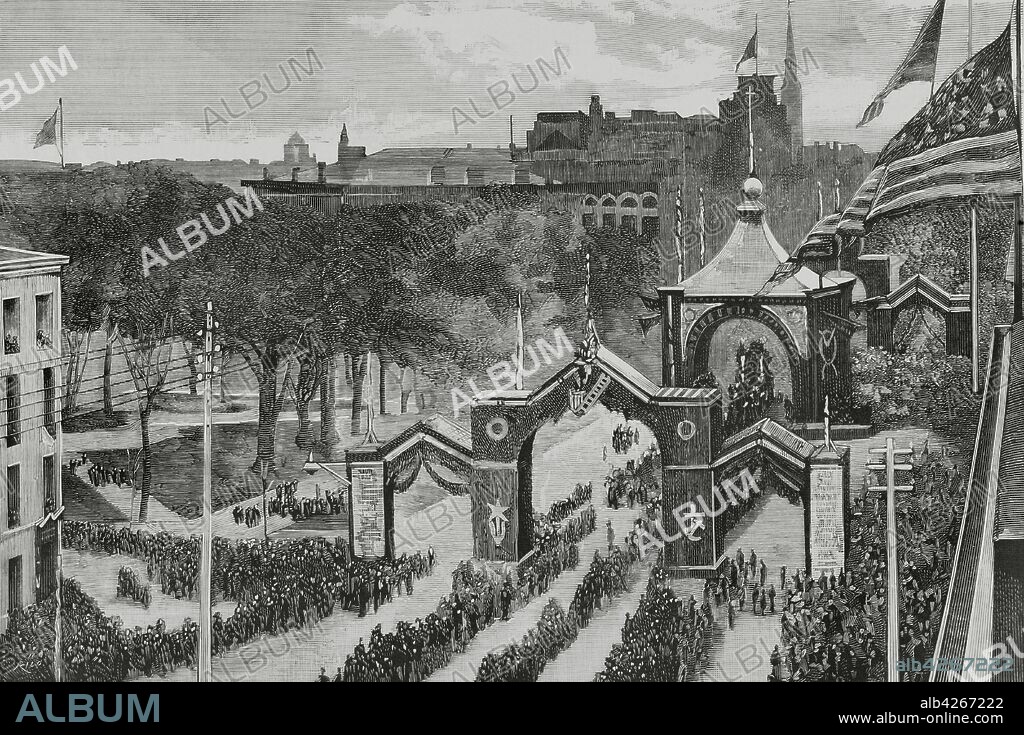 United States, Ohio, Cleveland. James A. Garfield (1831-1881) Funeral. September 26, 1881. Panoramic of the Garfield obsequies in Cleveland Square while Garfield's body was carried for burial in Lake View Cemetery. Engraving by Bernardo Rico (1825-1894). La Ilustracion Espa–ola y Americana, 1881.