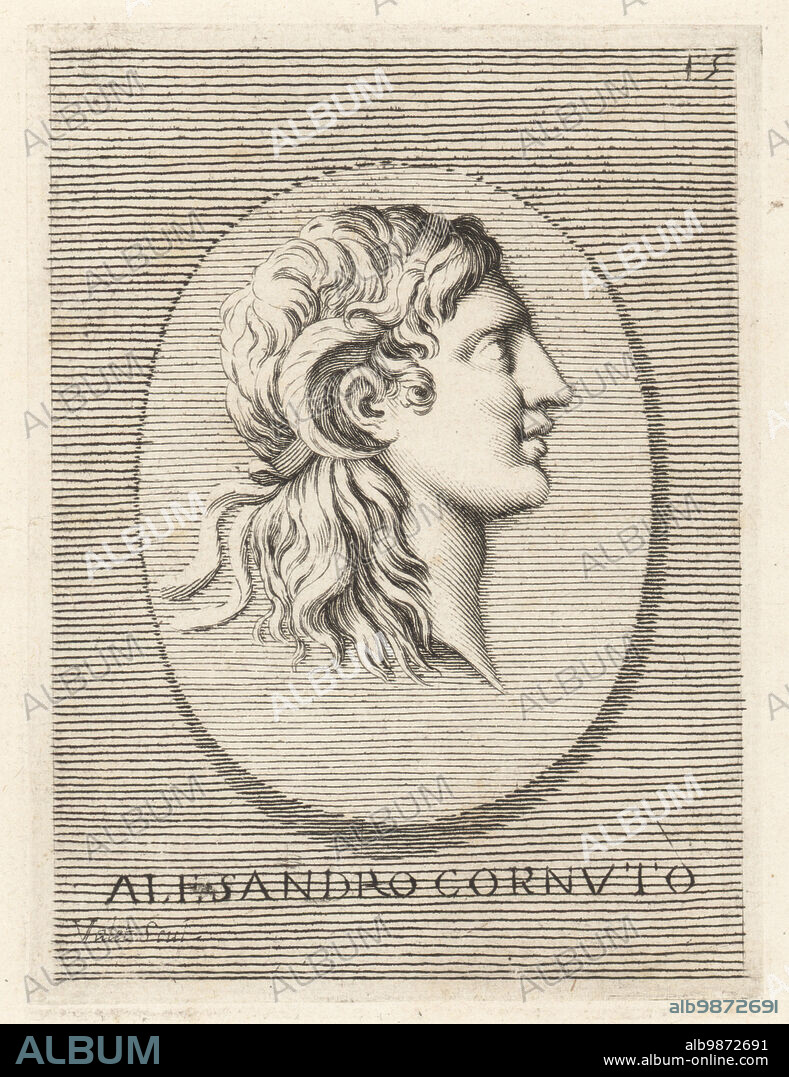 Profile portrait of Alexander the Great with horns. Alexander III of Macedon, 356 323 BC, king of the ancient Greek kingdom of Macedon. Depicted with royal diadem and curling ram horns, similar to Jupiter Ammon. From a stone carving. Alessandro Magno cornuto. Copperplate engraving by Guillaume Vallet after Giovanni Angelo Canini from Iconografia, cioe disegni d'imagini de famosissimi monarchi, regi, filososi, poeti ed oratori dell' Antichita, Drawings of images of famous monarchs, kings, philosophers, poets and orators of Antiquity, Ignatio deLazari, Rome, 1699.