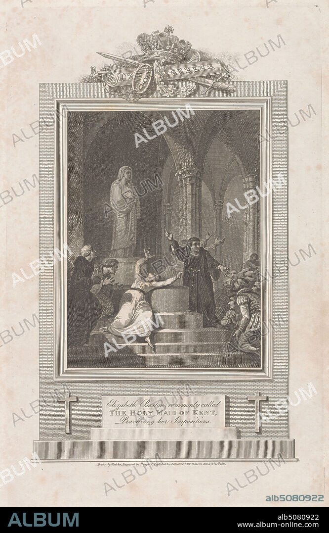 Elizabeth Barton, Commonly called The Holy Maid of Kent, Practicing her Impositions, Print made by James Neagle, 17601822, British, after Robert Smirke, 17521845, British, Published by J. Stratford, active 17921813, British, 1810, Etching and line engraving on thin, slightly textured, cream wove paper, Sheet: 14 × 8 7/8 inches (35.6 × 22.5 cm), Plate: 11 1/4 × 7 3/8 inches (28.6 × 18.7 cm), and Image: 10 × 6 3/8 inches (25.4 × 16.2 cm), frame (furnishing), historical subject, stairs.