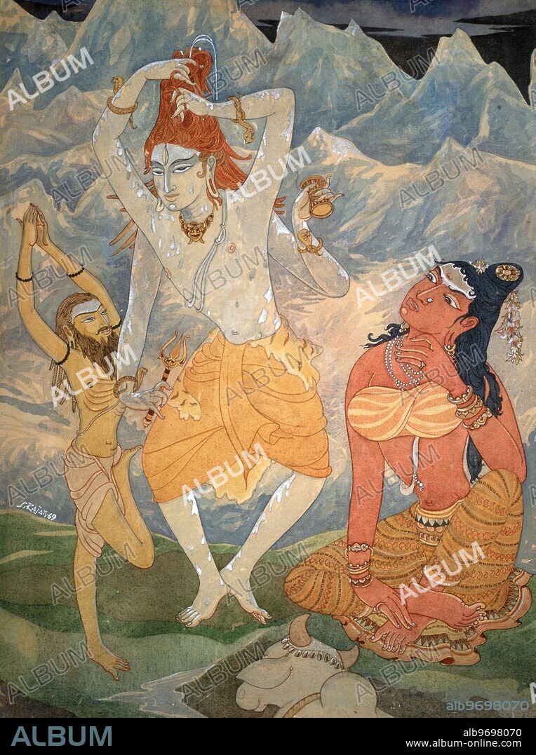 HAP-136772 : Hinduism - hindu art - himalayan academy art - religion - spirituality - artist S. Rajam - shiva - ganga - birth of ganga - ascetic - himalayas - rishi - devotee - rudraksha beads - river ganga - drum - trident - trishula - river - devi - shakti - nandi -.