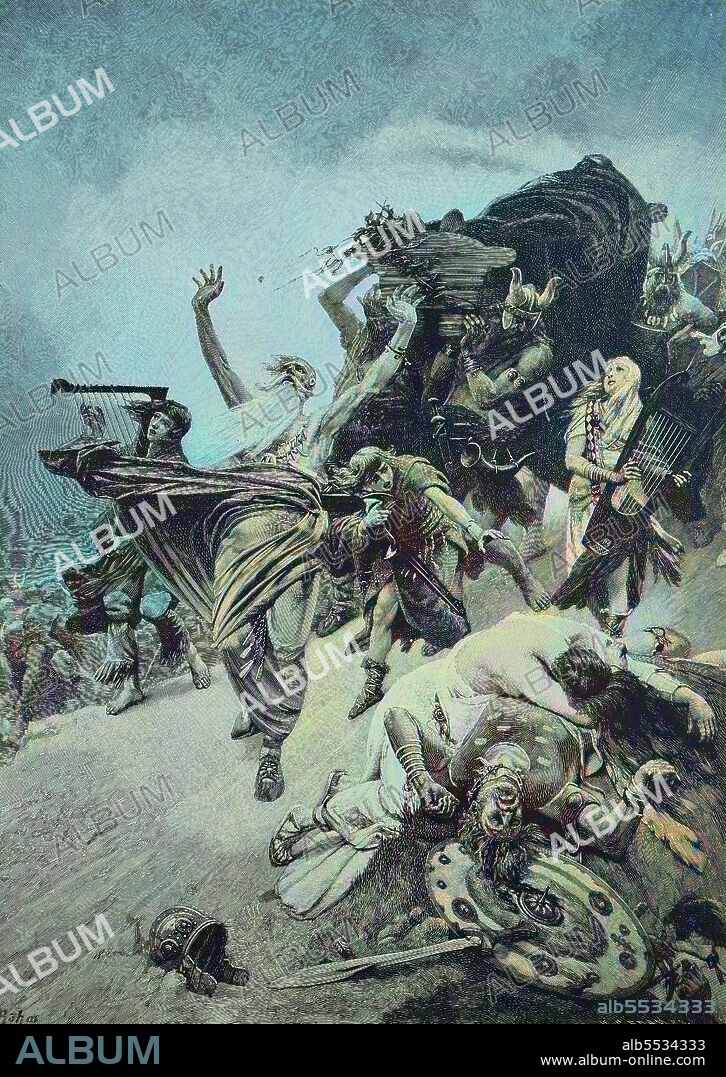 Withdrawal of the Goths with the corpse of King Teja after the battle of Vesuvius against the Romans under Narses, Historisch, historical, digital improved reproduction of an original from the 19th century, colored.