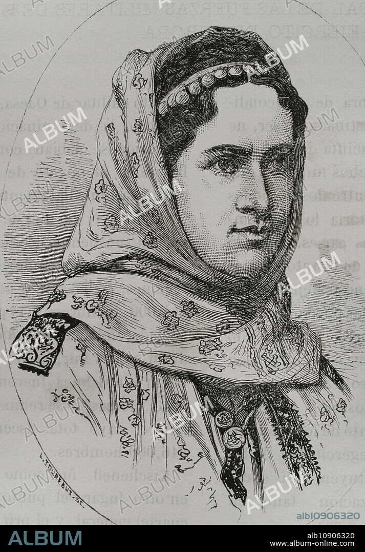 Isabel de Wied (Paulina Isabel Otilia Luisa de Wied) (1843-1916). Princesa y reina consorte de Rumanía (1869-1914) por su matrimonio con el rey Carol I. Fue novelista con el pseudónimo de Carmen Sylva. Retrato como princesa consorte vistiendo el traje tradicional. Grabado. "La Guerra de Oriente". Tomo I. 1877.