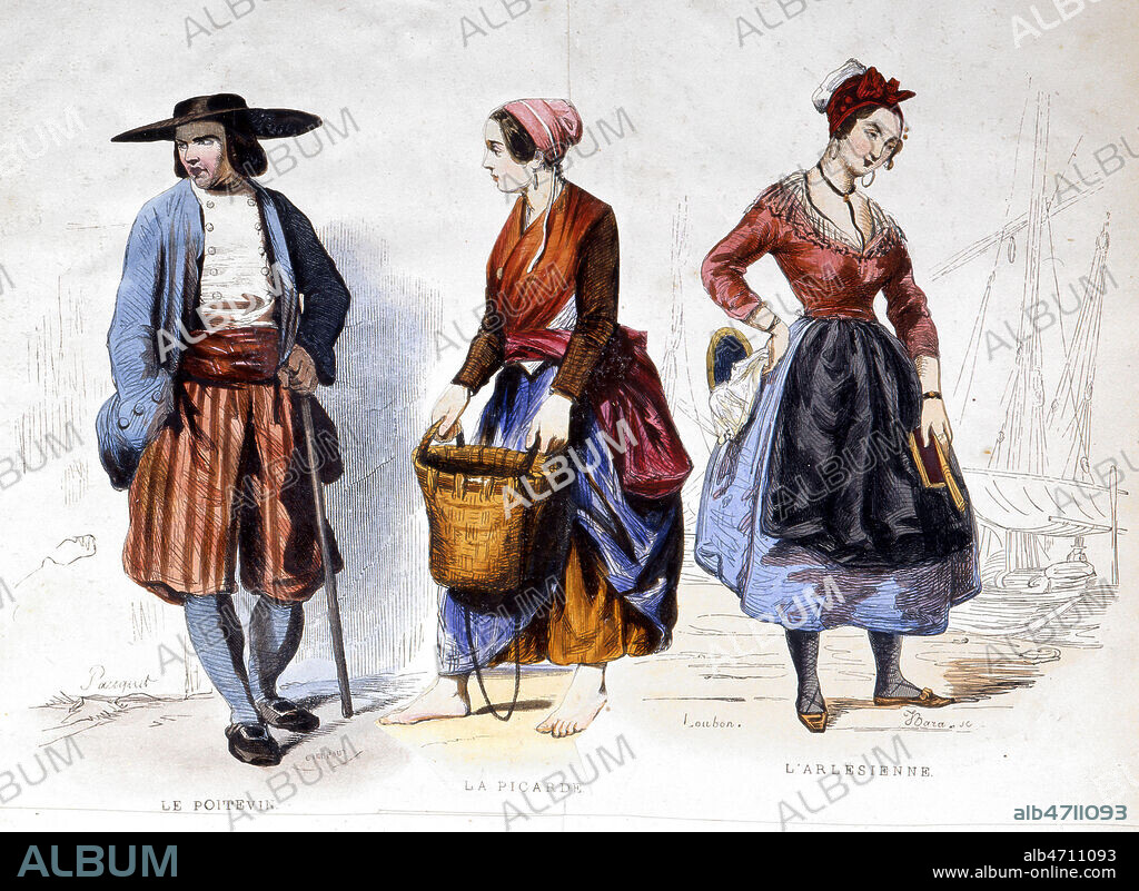 'Costumes regionaux du Poitevin, de la Picarde et de l'Arlesienne vers 1840' Gens du peuple en province au millieu du 19eme siecle. Lithographie decoupee et recollee de Emile Charles Joseph LOUBON (1809-1863) de BARA (19eme s.) de PAUQUET (19eme s. ) et GUIBAUT(19eme s.) (19eme s., 19e s., XIXeme s.) Credit : Collection Grob/ KHARBINE TAPABOR.