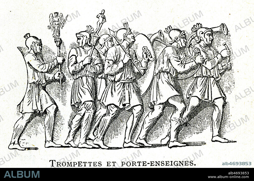 ' Trompettes et porte-enseignes , soldats romains' in ' L'antiquite. L'orient, la Grece, Rom, editions Hachett, 1906. Credit : Collection KHARBINE-TAPABOR.