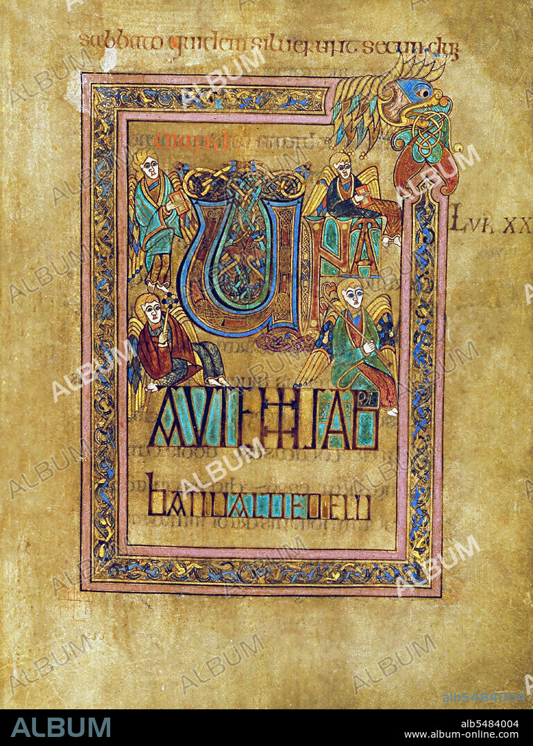 The Book of Kells (Irish: Leabhar Cheanannais) (Dublin, Trinity College Library, MS A. I. (58), sometimes known as the Book of Columba) is an illuminated manuscript Gospel book in Latin, containing the four Gospels of the New Testament together with various prefatory texts and tables. It was created by Celtic monks ca. 800 or slightly earlier. The text of the Gospels is largely drawn from the Vulgate, although it also includes several passages drawn from the earlier versions of the Bible known as the Vetus Latina. It is a masterwork of Western calligraphy and represents the pinnacle of Insular illumination. It is also widely regarded as Ireland's finest national treasure. The illustrations and ornamentation of the Book of Kells surpass that of other Insular Gospel books in extravagance and complexity. The decoration combines traditional Christian iconography with the ornate swirling motifs typical of Insular art. Figures of humans, animals and mythical beasts, together with Celtic knots and interlacing patterns in vibrant colours, enliven the manuscript's pages. Many of these minor decorative elements are imbued with Christian symbolism and so further emphasise the themes of the major illustrations. The manuscript today comprises 340 folios and, since 1953, has been bound in four volumes. The leaves are on high-quality calf vellum, and the unprecedentedly elaborate ornamentation that covers them includes ten full-page illustrations and text pages that are vibrant with decorated initials and interlinear miniatures and mark the furthest extension of the anti-classical and energetic qualities of Insular art. The Insular majuscule script of the text itself appears to be the work of at least three different scribes. The lettering is in iron gall ink, and the colours used were derived from a wide range of substances, many of which were imports from distant lands. The manuscript takes its name from the Abbey of Kells that was its home for centuries. Today, it is on permanent display at the Trinity College Library, Dublin.