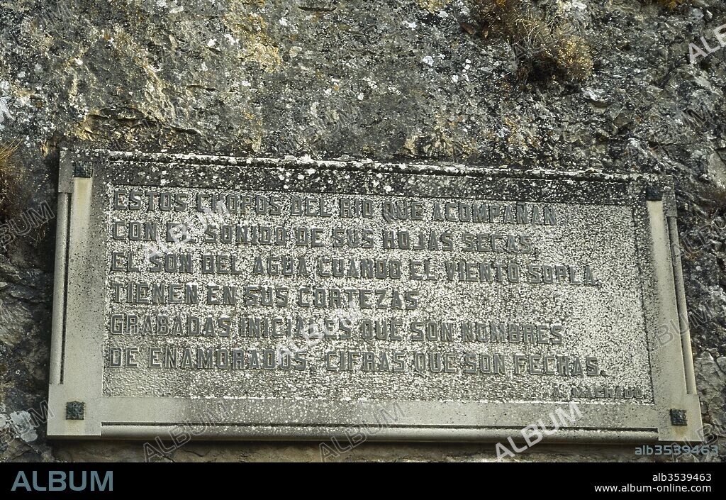 Antonio Machado (Sevilla, 1875-Cotlliure, 1939). Spanish poet, belonging to the Generation of 98. Panel with a fragment of the poem Campos de Soria, next to the of Chapel of Saint Saturio. Soria, Castile and Leon, Spain.
