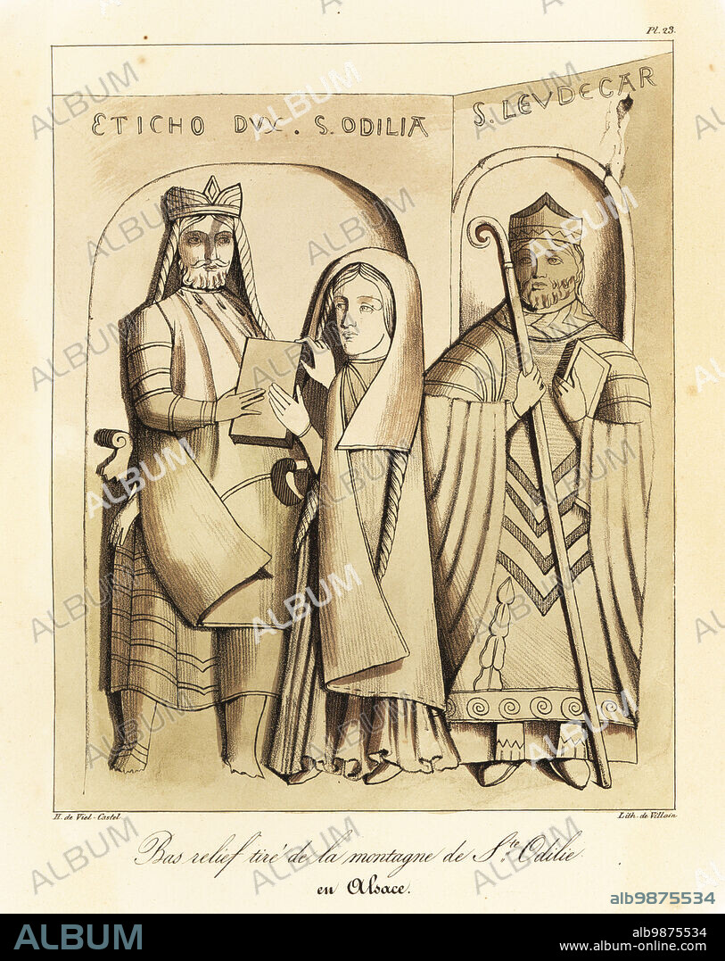 Saint Odile (c.662-720), Abbess of Strasbourg, patron saint of the blind, her father Eticho or Adalrich, Duke of Alsace, and Bishop Leodegar von Autun, uncle of Berswinda, Odiles mother. Bas-relief tire de la montagne de Ste. Odilie en Alsace. Tinted lithograph by Villain after an illustration by Horace de Viel-Castel from his Collection des costumes, armes et meubles pour servir à l'histoire de la France (Collection of costumes, weapons and furniture to be used in the history of France), Treuttel & Wurtz, Bossange, 1827.