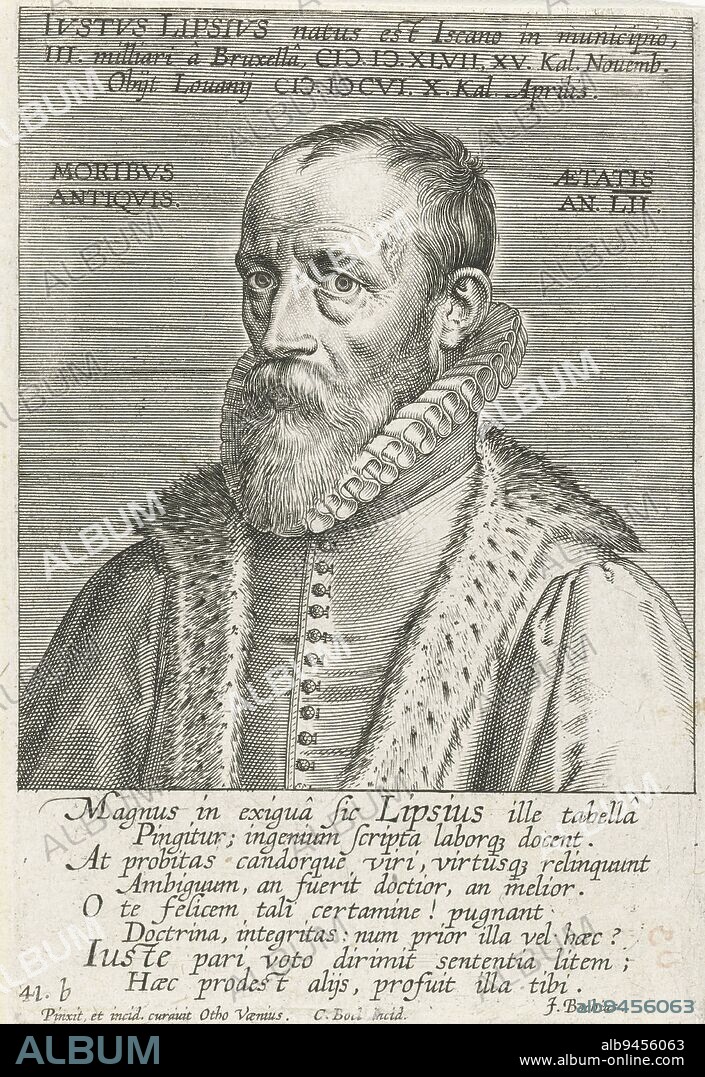 Bust of the humanist Justus Lipsius. With inscriptions in Latin. On the left his motto 'Moribus antiquis', after old customs. Below the portrait a verse on his life by Joannes Bochius, Portrait of Justus Lipsius at the age of 52., print maker: Cornelis Boel, (mentioned on object), after: Otto van Veen, (mentioned on object), publisher: Otto van Veen, (mentioned on object), Southern Netherlands, in or after 1606 - c. 1629, paper, engraving, h 155 mm × w 108 mm.