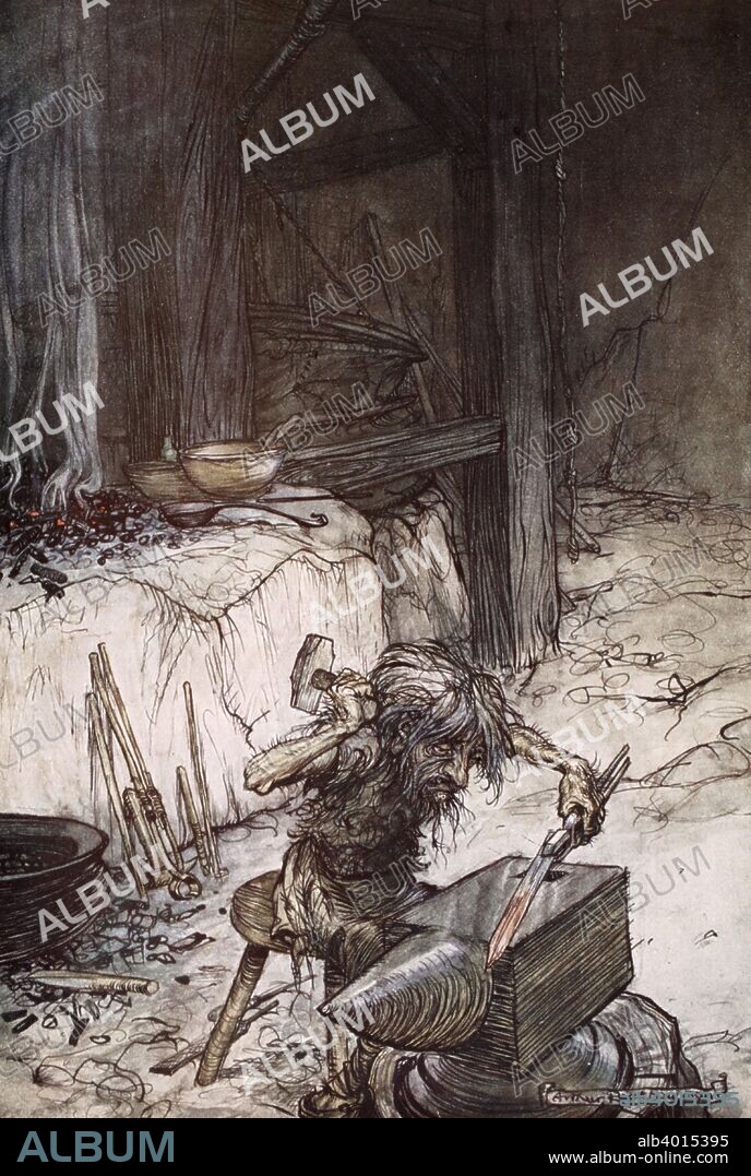 'Mime at the anvil', 1924. Illustration from Siegfried and the Twilight of the Gods. Mime toils at the anvil to try and build a new sword for Siegfried, who breaks every blade into pieces when he tests them. From a private collection.