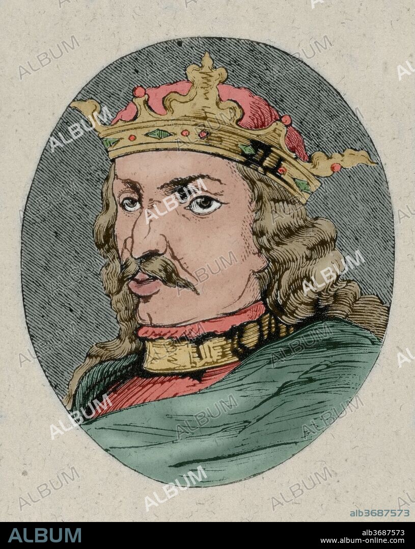 Enrique IV (Valladolid, 1425-Madrid, 1474). Rey de Castilla (1454-1474). Hijo del rey Juan II. Grabado del año 1852. Coloreado.