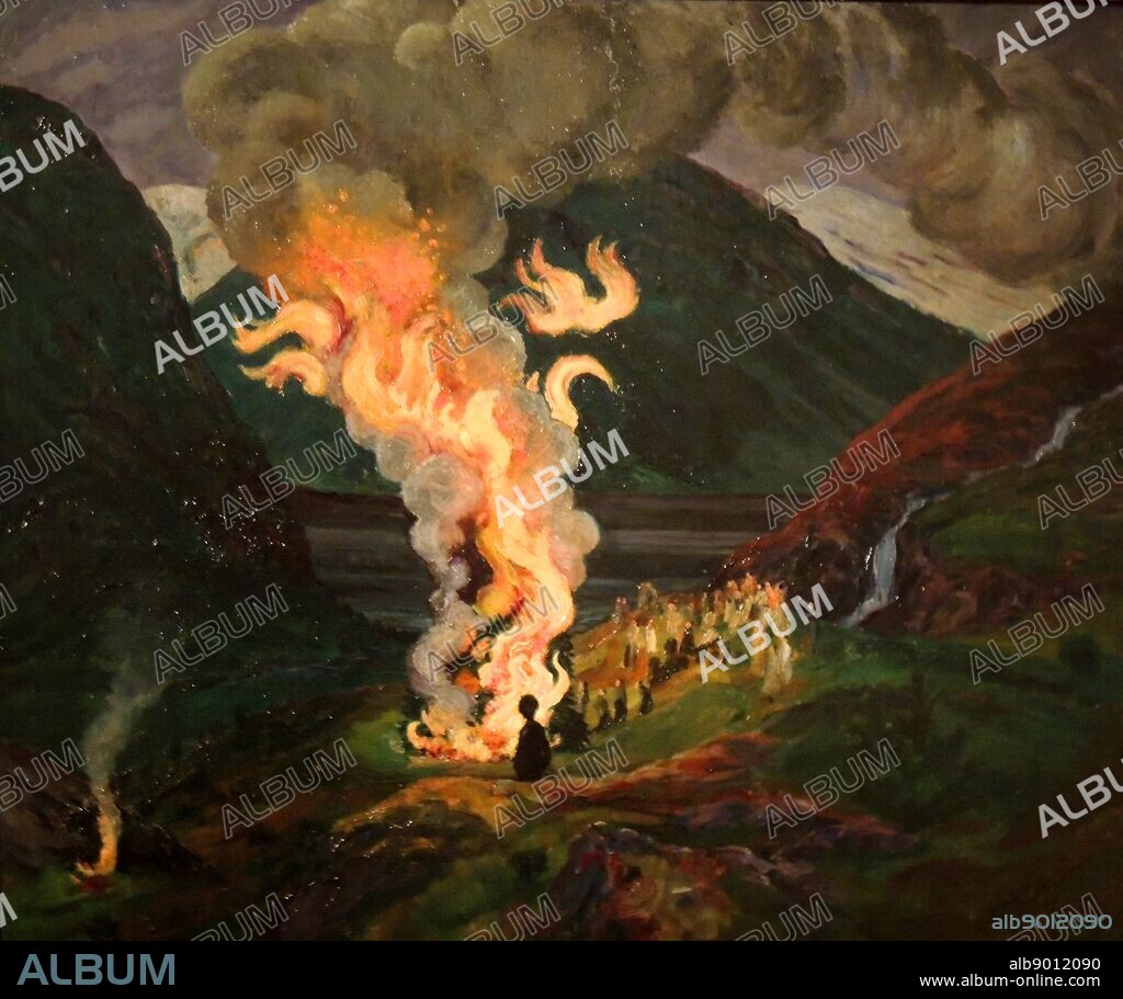 Bonfire celebrating Midsummer Night, (1912 og 1926) by Nikolai Astrup (1880-1928) Oil on paper on fibreboard.