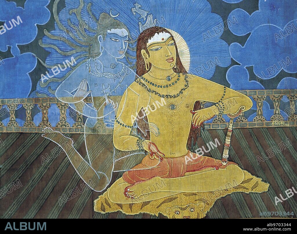 HAP-136831 : Artist S. Rajam - Hindu belief - Hindu - Hinduism - art - meditation - yoga - Artist Manivelu - Himalayan Academy art - Merging with Siva - Shiva - devotee - meditator - visvagrasa - samadhi - inner light - yogic staff - rudraksha - sannyasin - tiger skin - light - aura - halo - subtle being - saivite - merger - union - God - bliss - peace - Siva - Supreme God - India - Indian art - Hindu art - religion - Hindu religion.