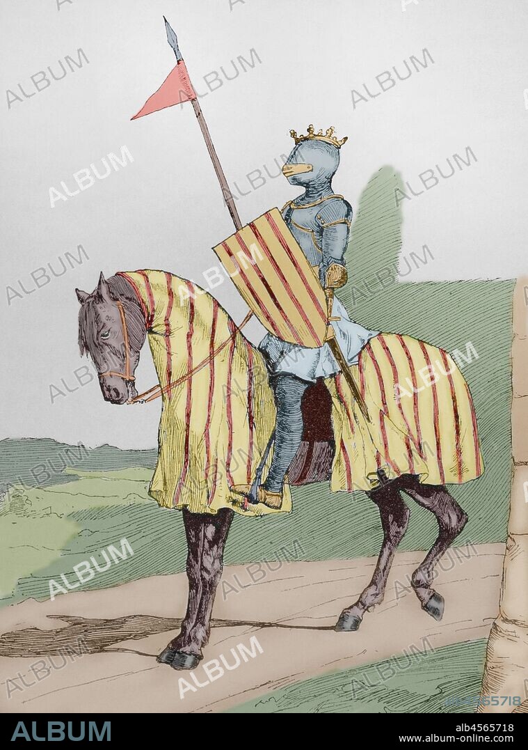 Alfonso III de Aragón, apodado el Liberal o el Franco (1265-1291). Rey de Aragón, Valencia, Mallorca y Conde de Barcelona. Grabado. "Museo Militar del Ejército Español", Tomo I. Evaristo Ullastres Editor. Barcelona, 1883. Coloreado.