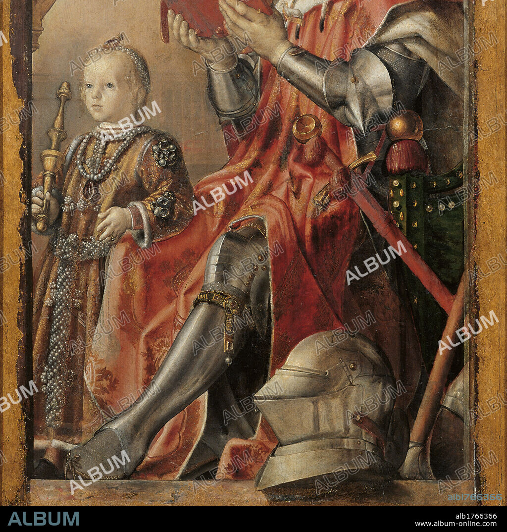 Double Portrait of Federico da Montefeltro and His Son Guidobaldo, by Pedro Berruguete, 1476-1477 about, 15th Century, tempera on panel, cm 134 x 76. Italy, Marche, Pesaro Urbino, Urbino, Marche National Gallery. The painting had been commissioned from the duke around to 1477, based on the apparent age of the little heir. A typical example of dynastic portrait characterized by a particular attention on gestural expressiveness and clothes and destined for an environment of representation of Ducal Palace. Detail. Portrait father book reading armour cuirass clock mantle red helmet gray sword armchair son baby child Guidobaldo da Montefeltro necklaces threads strings pearls sceptre. Authorization required for non editorial use.
