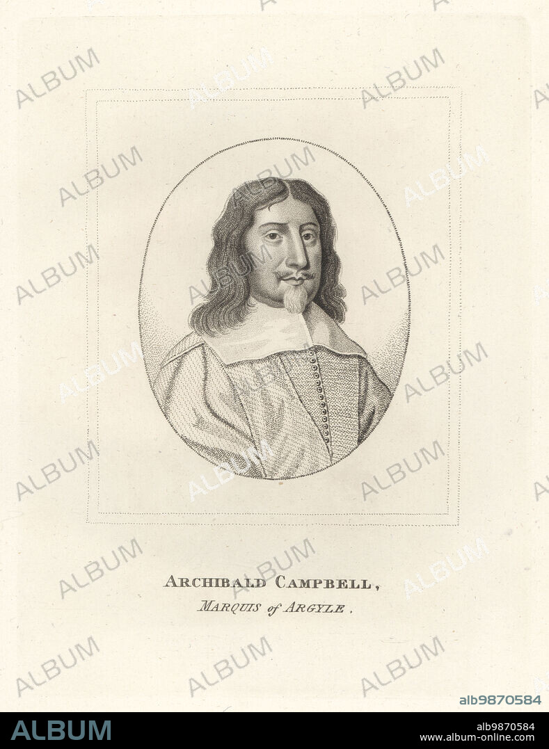 Archibald Campbell, Marquess of Argyll, 8th Earl of Argyll, Chief of Clan Campbell, 1607-1661. Scottish nobleman, politician, and peer, leader of Scotland's government during the Wars of the Three Kingdoms and Covenanter. Archibald Campbell, Marquis of Argyle. Copperplate engraving from Samuel Woodburns Gallery of Rare Portraits Consisting of Original Plates, George Jones, 102 St Martins Lane, London, 1816.