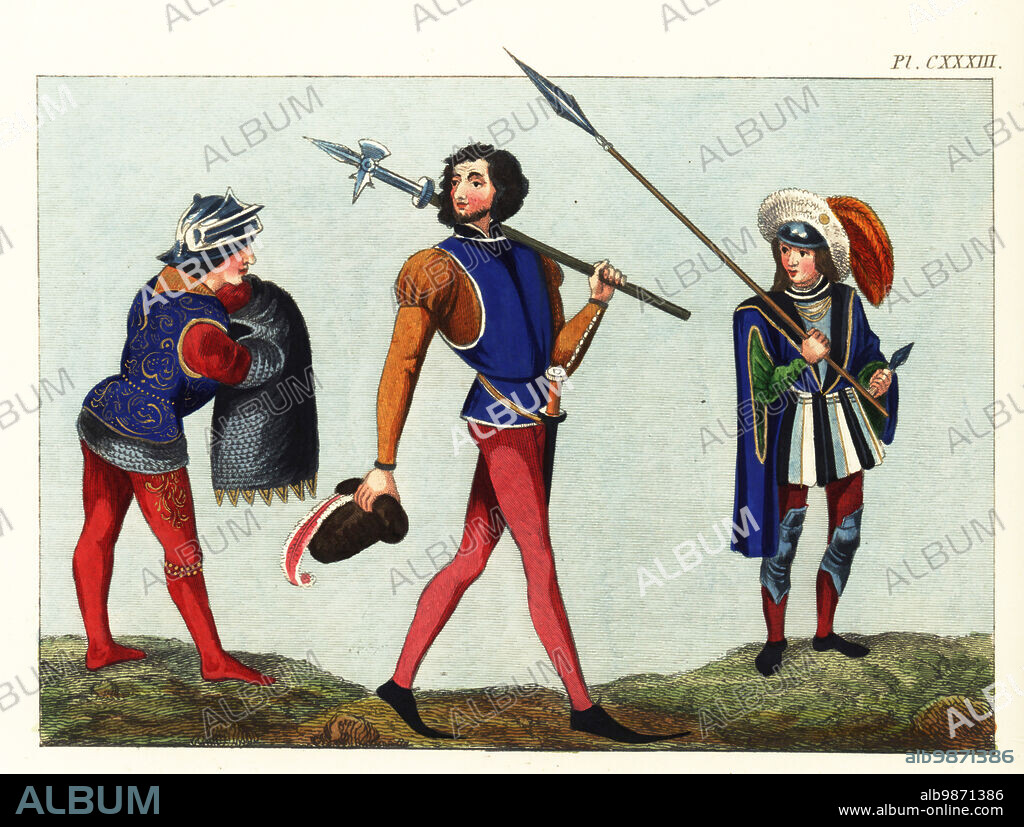 Military habits of the 15th century. Soldier in helmet, embroidered tabard holding a chainmail hauberk from Jehan de Wavrin, Anciennes et nouvelles chroniques d'Angleterre, Royal MS 14 E IV, Pikeman in tabard and hose from The Romance of Jean de Saintre, Cotton Nero MS D IX. and herald with lance, feather cap, cuirass and poleyn knee armour from Guillaume de Lorris and Jean de Meun's Roman de la Rose, Harley MS 4425. Handcoloured engraving by Joseph Strutt from his Complete View of the Dress and Habits of the People of England, Henry Bohn, London, 1842.