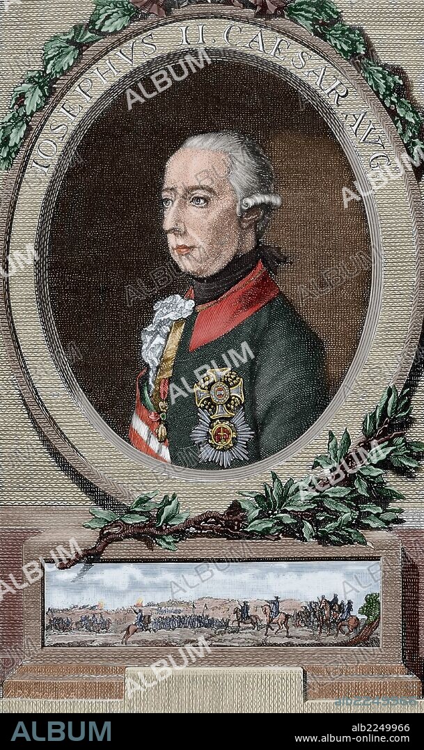 JOSE II (Viena, 1741-Viena, 1790). Emperador de Alemania (1765-1790) y corregente de los Estados de los Habsburgo (1765-1780), hijo mayor de María Teresa y Francisco I. Asumió todos los poderes en Austria a la muerte de su madre (1780). Retrato a partir de un grabado en cobre de J. Adam. "Historia Universal", 1885. Coloreado.