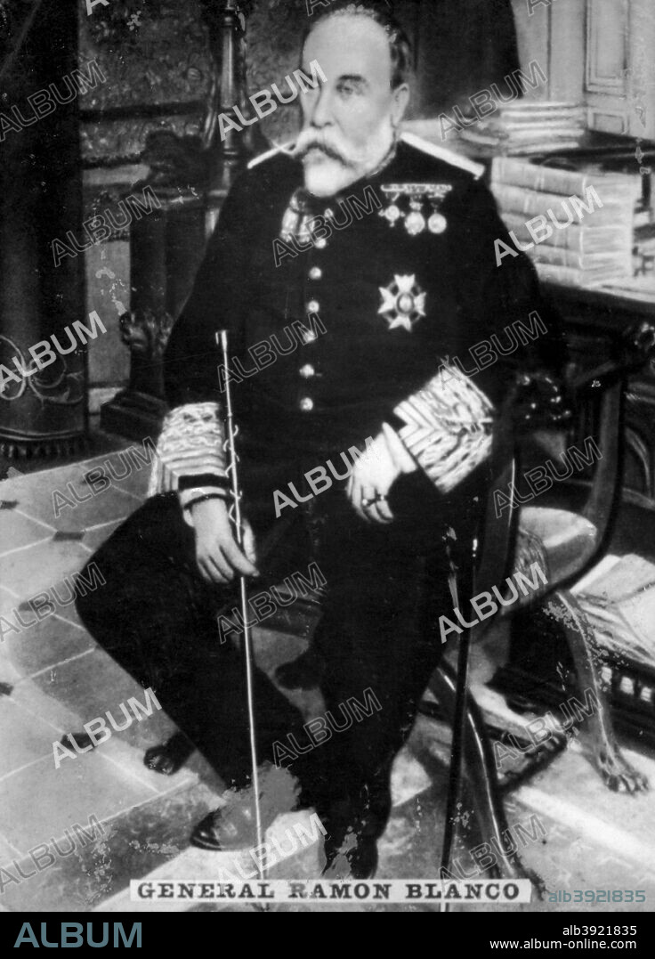 Ramón Blanco Erenas Riera y Polo, 1st Marquis of Peña Plata (1833-1906). General Ramon Blanco was a Spanish brigadier and colonial administrator. He was sent to the Caribbean  in 1858 and governed Cuba and Santo Domingo. In 1861, he returned to Spain but was then sent to the Philippines (1866-1871).  He was sent to Cuba as captain-general in April 1879, and was involved in the Little War. Cigar card from the History of Cuba,  Geografico Universal, Propaganda de los Cigarros Susini y La Corona , Tabacalera Cubana.