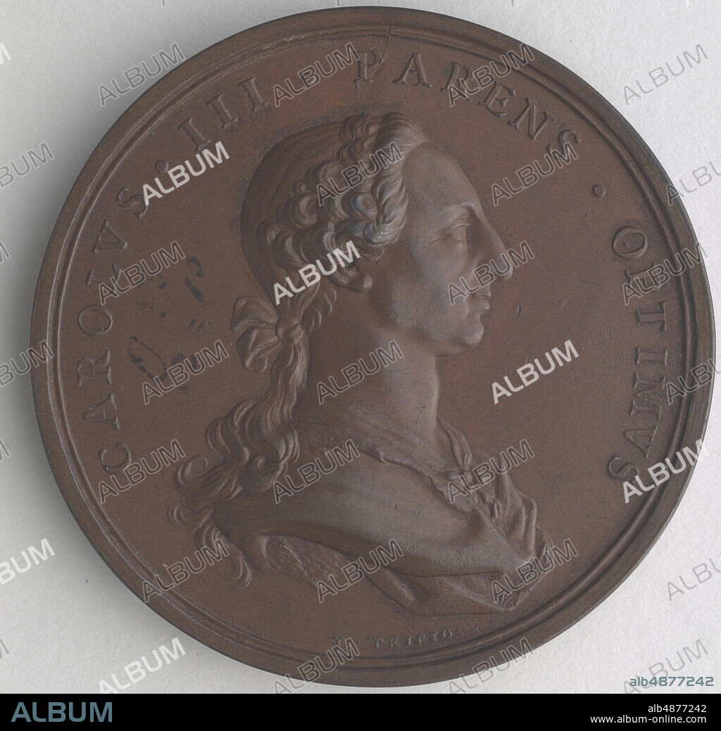 Tomas Francisco Prieto, Charles III (1716-1788), King of Spain 1759, Marriage of Charles IV to Maria Luisa of Parma, 1765, bronze, 1 15/16 in. (4.9 cm.), Tomas Prieto's portrait medal of Charles III, the King of Spain, depicts three individuals: Charles III on the obverse and Charles IV with María Louisa of Parma on the reverse. As a part of Spain's desire to maintain favorable diplomatic ties to the Northern Italian states, Charles IV married María Louisa of Parma, of the house of Bourbon-Parma, in 1765. The jugate portraits of the newlyweds on the reverse symbolically represent the unification of Spain and Parma and present Spain, France, and Northern Italy as allies.