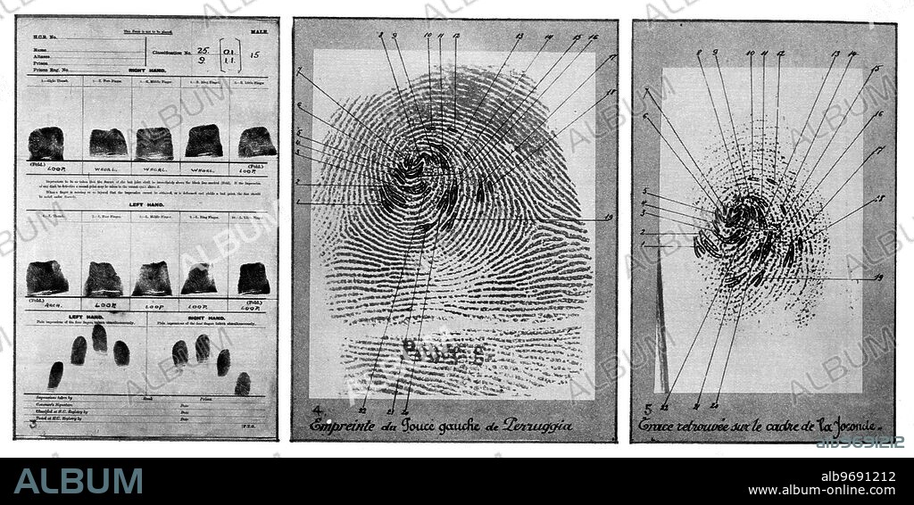 Finger prints found on the glass of the painting.. The famous painting of the Mona Lisa by Leonardo da Vinci was stolen from The Louvre in Paris in August 1911 and was found in Florence in January 1914.