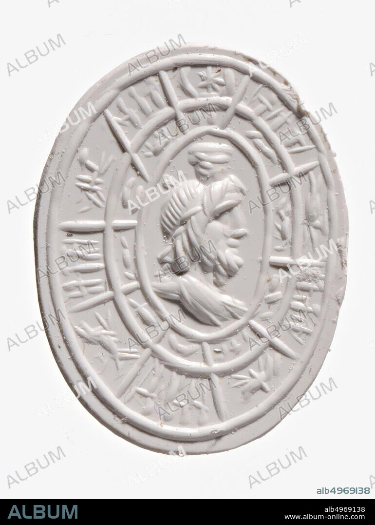 Vz: the Serapish head is of the Anastole type (see Maaskant-Kleibrink, M., Catalog of the engraved gems in the Royal Coin Cabinet, 1978, No. 648), around the head are two concentric zones, in each segment there is a sign from the zodiac (some are clearly like a star flanked by two moons and a lion, others are more randomly worked out., gem, intaglio, ringstone, jasper, Color: red, Shape: oval, Editing: edge at the front receded with respect to the rear, Method: modeling and detailing with thicker and thinner rounded wheel grooves., 17 x 13.5 mm, D. 3 mm, 2nd century AD 100-200 AD, unknown.