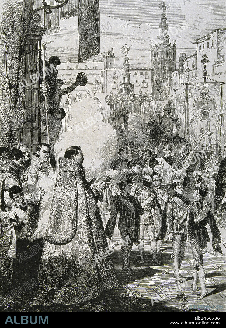 The Feast of Corpus Christi. Engraving. 19th century. Sevilla. Andalusia. Spain.