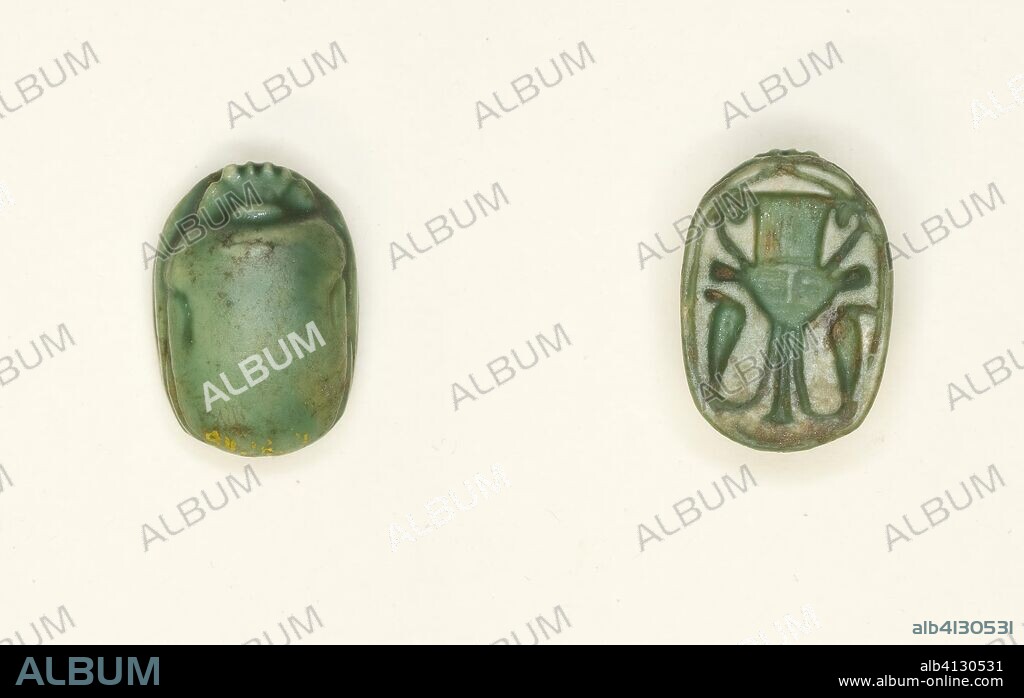 ANCIENT EGYPTIAN. Scarab: Hathor Sistrum. Egyptian. Date: 1550 BC-1295 BC. Dimensions: 1.3 × 0.8 × 0.6 cm (1/2 × 5/16 × 1/4 in.). Faience. Origin: Egypt.