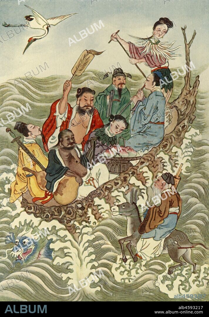 'The Eight Immortals Crossing the Sea', 1922. The Eight Immortals are revered by Taoists and are a popular element of Chinese culture. They are said to live on a group of five islands in the Bohai Sea,   From "Myths and Legends of China", by E. T. C. Werner. [George G. Harrap & Co. Ltd., London, Calcutta, Sydney, 1922].
