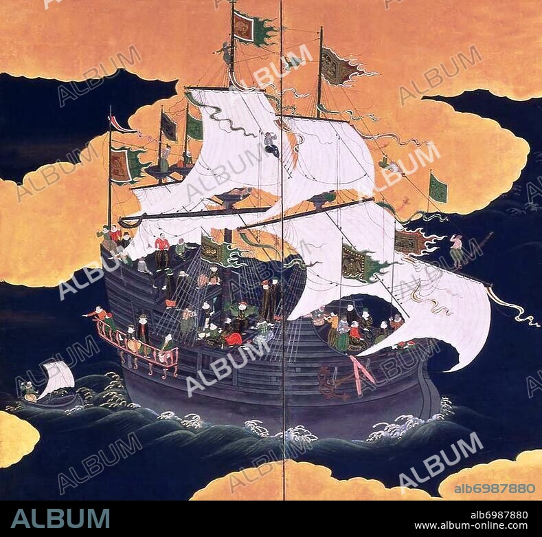 Kano Naizen (1570 - 1616) was a Japanese painter of the Kano school, particularly known for his screen paintings (byobu) of Namban (Southern Barbarians, i.e. Europeans).<br/><br/>. The Nanban trade in Japanese history extends from the arrival of the first Europeans - Portuguese explorers, missionaries and merchants - to Japan in 1543, to their near-total exclusion from the archipelago in 1614, under the promulgation of the 'Sakoku' Seclusion Edicts. Pictures From History.