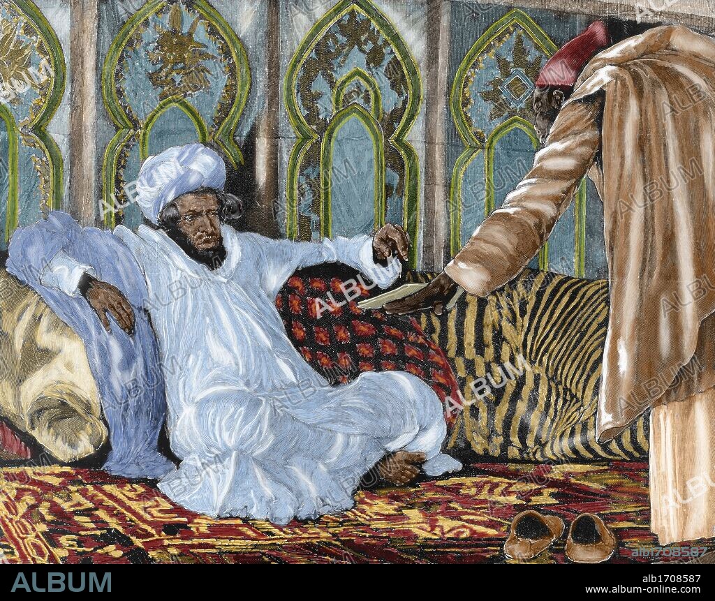 RICHARD CATON WOODVILLE II. Hassan I (1836-1894). Sultan of Morocco between 1873 and 1894, member of the Alaouite dynasty. The Sultan receives a dispatch. 19 th century engraving R. Caton Woodville. Colored.