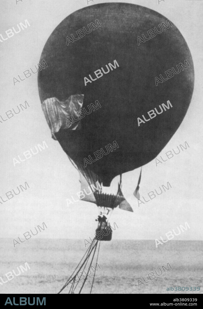 The Eagle sailing north in 1897, photographed from the steamer Virgo.  Swedish balloonist S. A. Andree attempted to reach the North Pole by air but the journey ended in tragedy when the hydrogen balloon failed and was grounded after a couple of days into the expedition.  S. A. Andree (1854-97) and his companions, Nils Strindberg (1872-97) and Knut Fraenkel (1870-97), survived for three months before all three perished in the harsh Arctic terrain. The chance discovery in 1930 of the expedition's last camp yielded many documents from their disastrous journey.