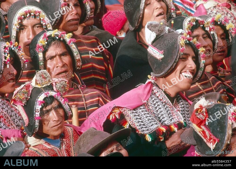 Ethnology / America / Bolivia. Tarabuco Indians during the "Phujllay" festival, celebrated yearly in March in memory of the dead and as fertility ritual; they are wearing the "montera", a traditional headwear. Photo, 1992.