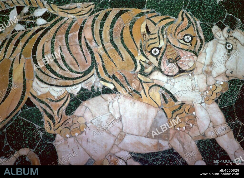 Opus sectile mosaic of a tiger seizing a calf from the Basilica of Junius Basio in Rome, now in the Capitoline Museum, 4th century.