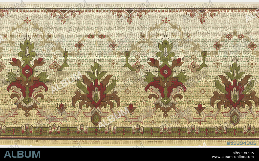 Frieze, W.H. Mairs & Co., 1855, Machine-printed paper, Alternating motifs, showing possibly American Indian influence. The motifs are medallion-shaped, with every second motif rising above the next. A minor band of ornament run along the top and bottom edges. The entire design is overprinted with pin dots and dashes. Printed in red, green, brown, tan and black on a background that shades from a cream-color at the top to a pale yellow-ocher at the bottom. Pattern number 1816., Brooklyn, New York, USA, 19051915, Wallcoverings, Frieze.