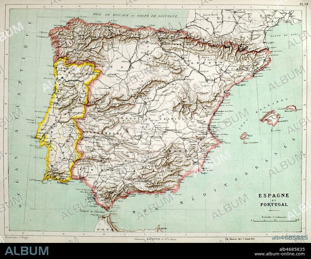 Carte geographique de l'Espagne et du Portugal vers 1900 pour le Nouvel Atlas de Geographie par E. Cortambert. Credit : Coll. Jonas/KHARBINE-TAPABOR.