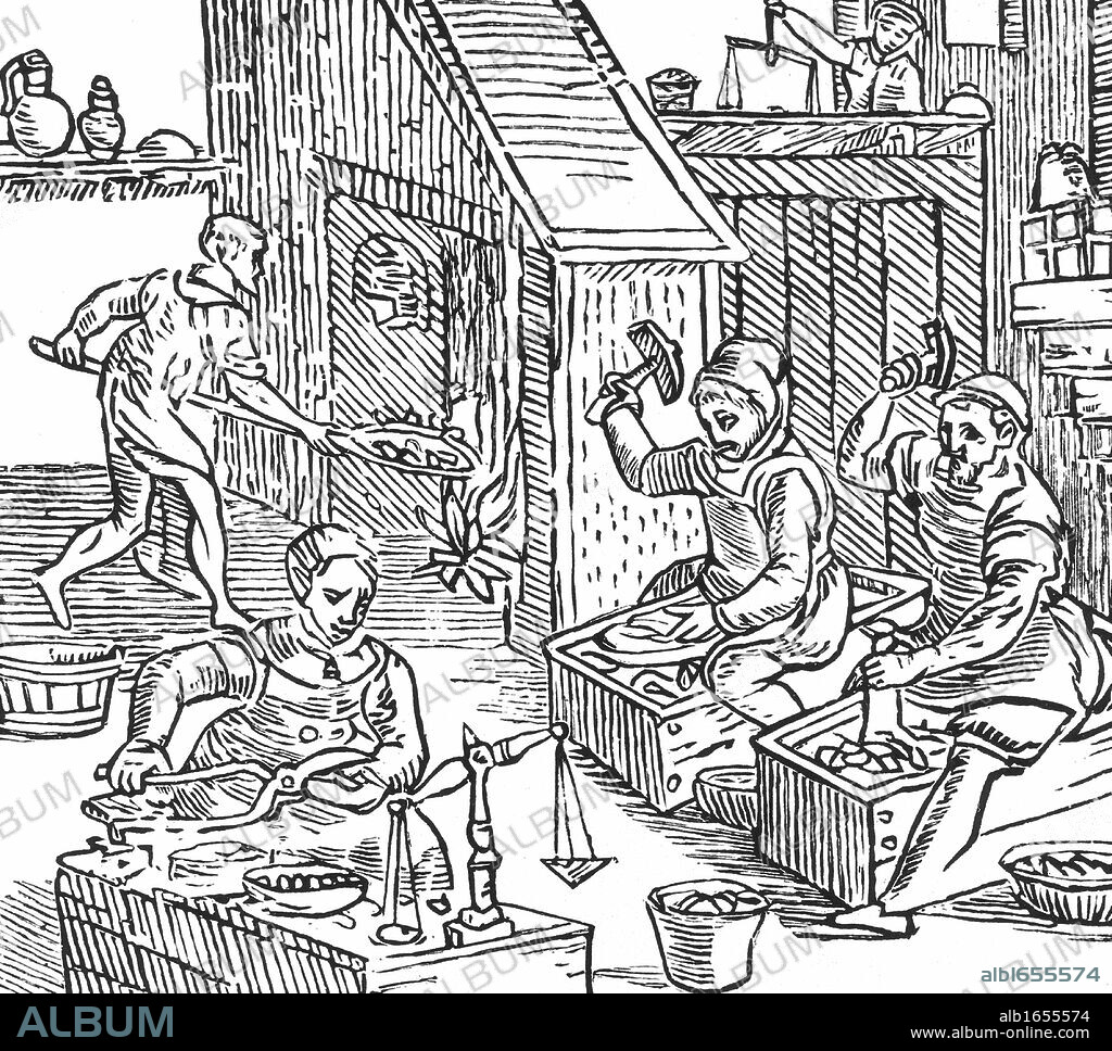 Minting coin. From "The Chronicles of England, Scotland and Ireland" by Raphael Holinshead (1577).