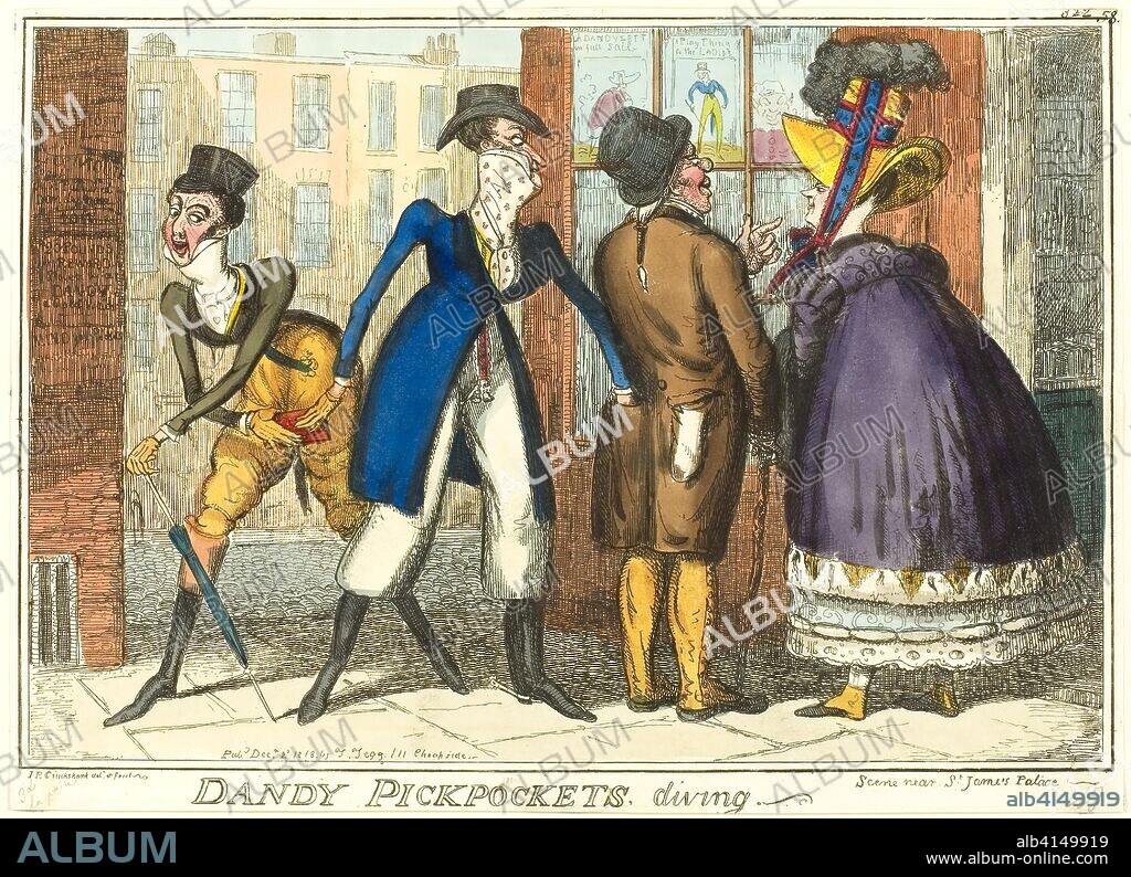 Dandy Pickpockets Diving. Isaac Robert Cruikshank (English, 1789-1856); published by Thomas Tegg (English, 1776-1846). Date: 1818. Dimensions: 223 × 325 mm (image); 240 × 330 mm (sheet cut within plate mark). Hand-colored etching on paper. Origin: England.