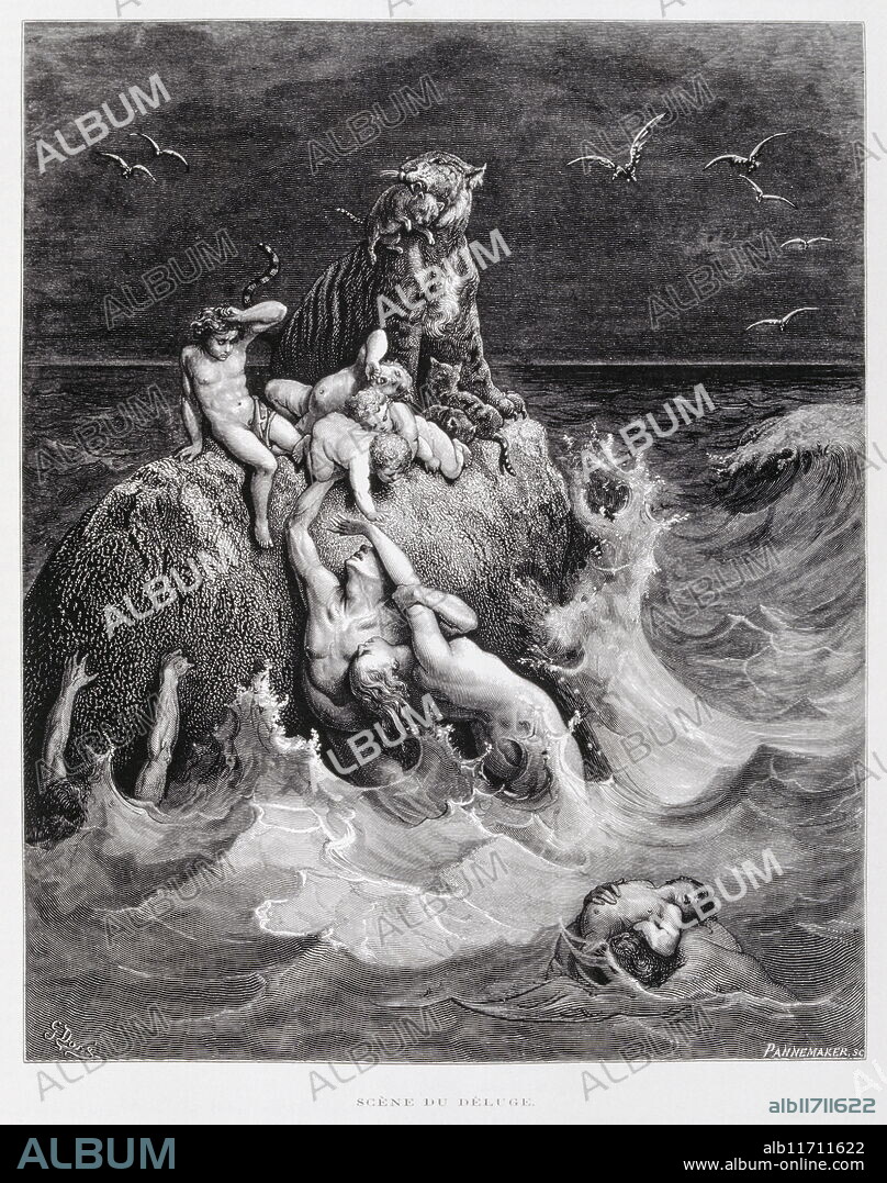 The Great Flood, Illustration from the Dorè Bible 1866. In 1866, the French artist and illustrator Gustave Dorè (1832-1883), published a series of 241 wood engravings for a new deluxe edition of the 1843 French translation of the Vulgate Bible, popularly known as the Bible de Tours. This new edition was known as La Grande Bible de Tours and its illustrations were immensely successful.