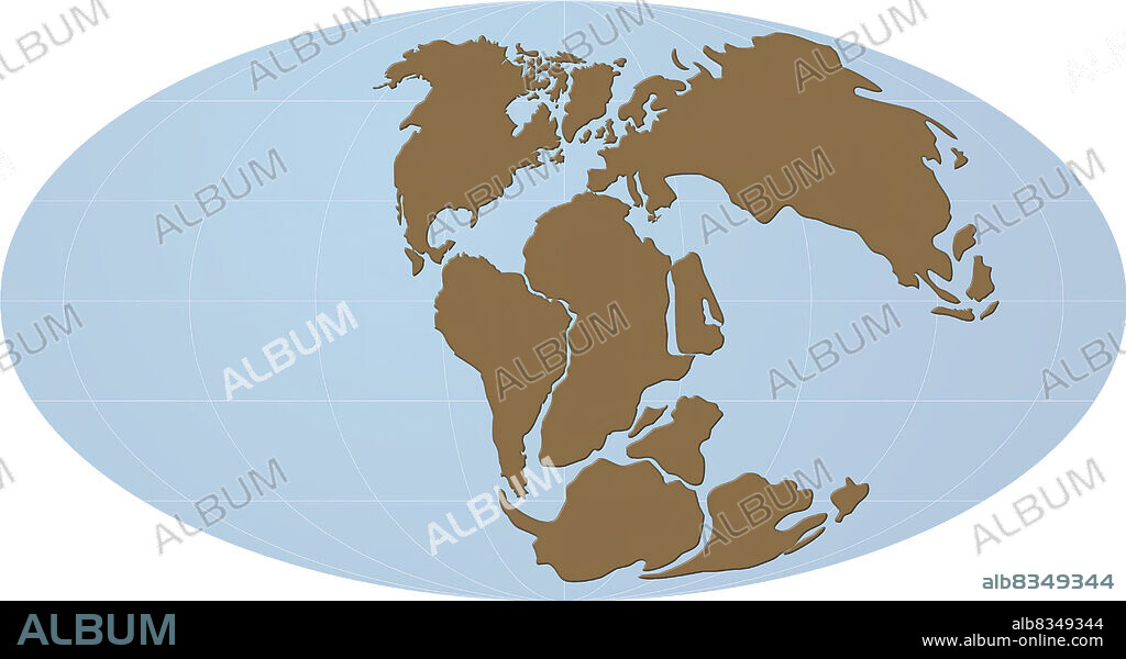 Two of the masses separate, creating the continent Laurasia to the north (comprising todays North America and the Eurasian continent) and the continent Gondwana to the south (comprising todays South America, Africa, India, and Australia). The Indian Ocean gradually opens. Pangaea no longer exists.