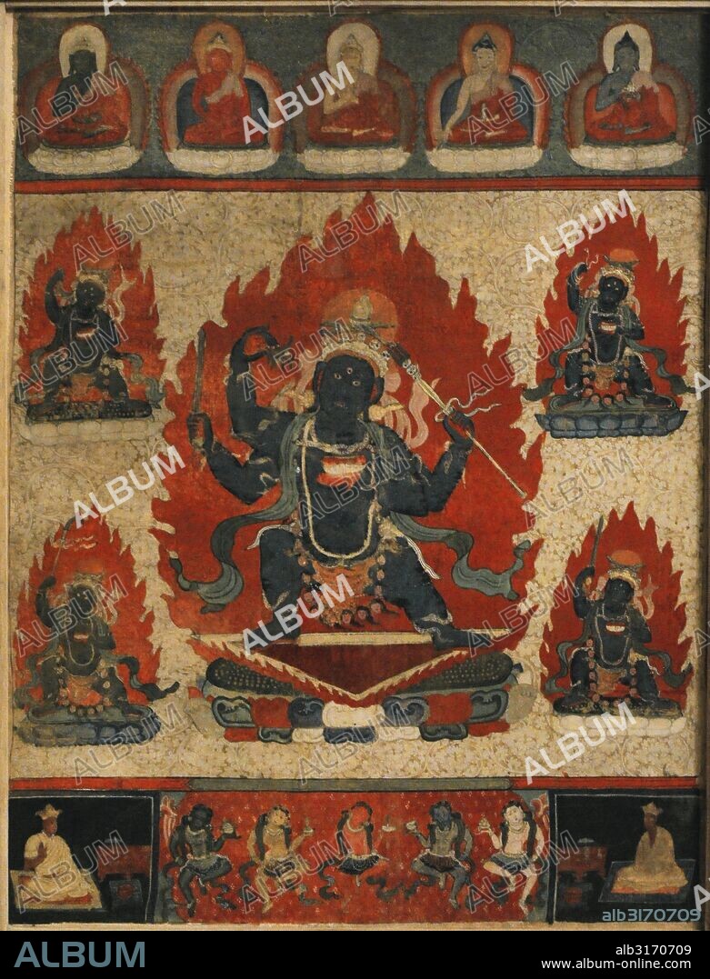 BUDISMO VAYRAYANA (esotérico). Acala o Fudo Myo-o. Fiera deidad guardiana. Con la mano derecha empuña una espada flamígera y con la izquierda una cuerda, rodeado de llamas. Imperio Tangut (982-1227). Khara-Khoto, Siglos XII-XIV, actual China. Museo del Hermitage (The State Hermitage Museum). San Petersburgo. Rusia.