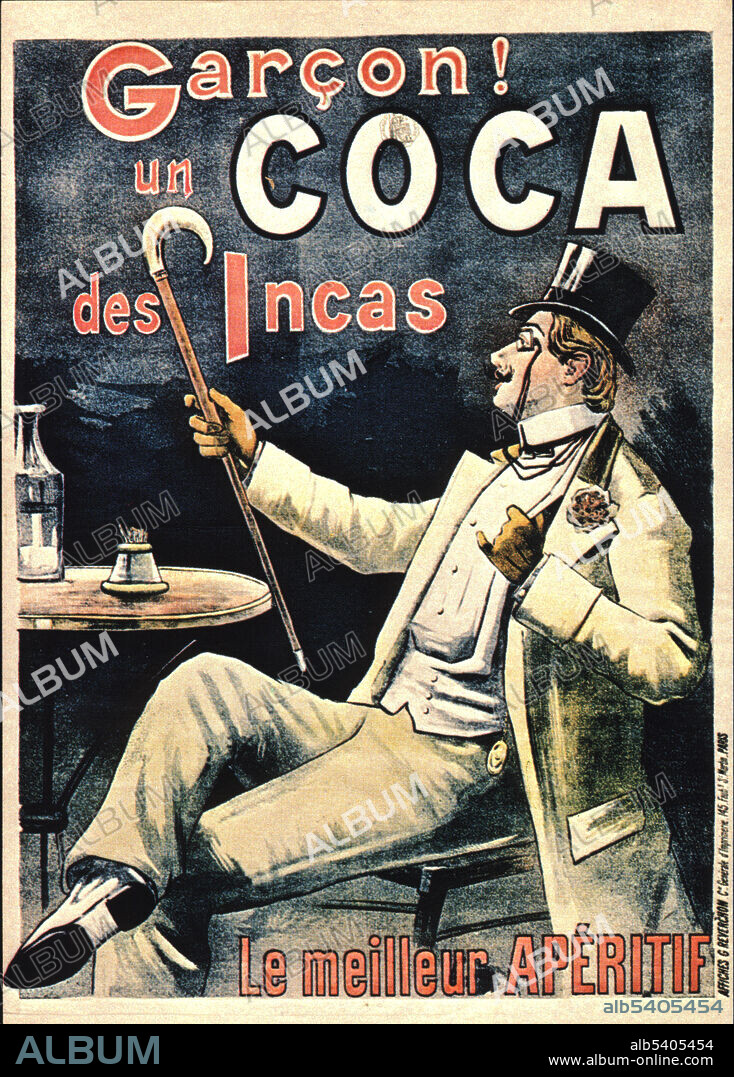 Coca des Incas. Cocaine-laced wine. Coca wine is an alcoholic beverage combining wine with cocaine. At the end of the 19th century, the fear of drug abuse made coca-based drinks less popular. This led to the prohibition of cocaine in the United States in 1914 via the Harrison Narcotics Tax Act, and the removal of cocaine from coca wine as well as Coca-Cola, though coca leaf remained. Coca wine itself became illegal in the United States when its other main drug, alcohol, was banned just a few years later with Eighteenth Amendment in 1920. No artist credited.